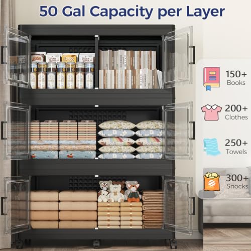 150GAL Storage Bins with Lid and Wheels, Collapsible Storage Box with Dividers, Foldable Plastic Cabinets for Room Kitchen, Stackable Closet Organizers and Storage Drawer, 3 Pack Black - color: Black, size: 50Gal-3Pack