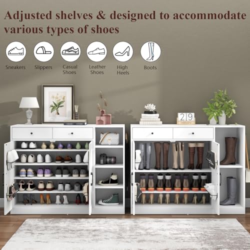 Loomie 5-Tier Shoe Cabinet with 4 Side Cubbies, Farmhouse Shoe Rack Cabinet with 6 Adjustable Shelves & 2 Drawers, Freestanding Shoe Storage Cabinet with 4 Brackets & 2 Hooks for Entryway (White) - color: White