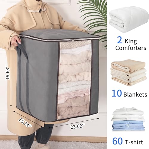 Fixwal 4pcs Large Blanket Bags 120L King Foldable Comforters Storage Bags, Extra Large Organizers for Blankets, Clothes, Pillows, Quilts, Bedding with Thick Fabric Reinforced Handles, Grey - color: Grey, style: 4pcs