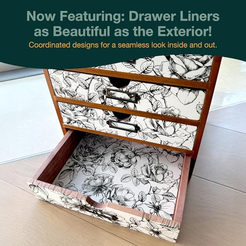 Vintage Desk Organizer with 4 Black & White Floral Drawers - Wooden Storage Shelf Drawer for Tabletop - Wood Desktop Organizing Box Cabinet - Black & White Monochrome Botanical Toile de Jouy - color: Black and White Monochrome Rose
