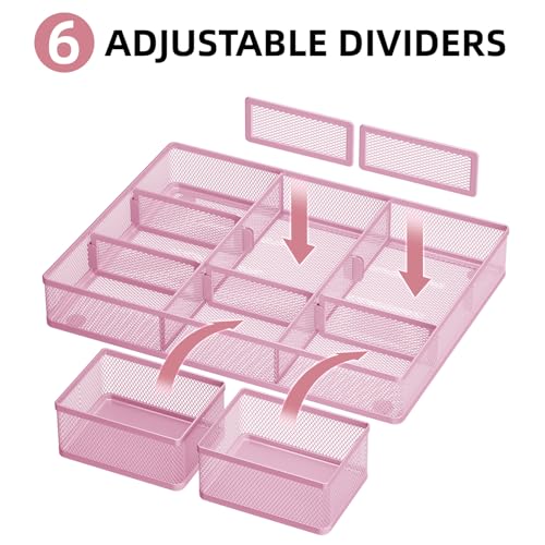 Marbrasse 3 Packs Desk Drawer Organizers, Metal Mesh Dividers with 9 Adjustable Compartments, Pen Organizer for Drawer Tray Box Accessories for Desktop,Kitchen, Makeup(Pink) - color: Pink