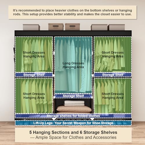 MOGELAFOO 83" Closet Wardrobe, Portable Closet for Bedroom, Freestanding Clothes Rack with Non-Woven Fabric Cover, 5 Hanging Rods, 6 Storage Shelves, Clothes Storage Organizer, Black