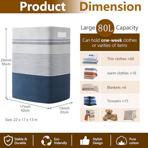 80L Large Cotton Rope Laundry Basket for Bedroom & Laundry Room, Tall Clothes Hamper with Sturdy Handles, Neutral Storage Bin Capable of Holding Blankets and Toys - color: Dark Blue& White, size: 80L