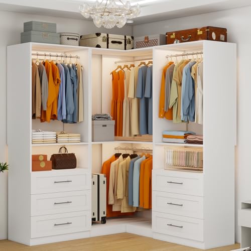 Closet System with 6 Wooden Drawers, 6.5-16FT Corner Closet Organizer System for Walk in Closet, Heavy Duty Modular Closet Systems, Built-in Shelving System with 7 Hanging Rods, 3-Piece Set - color: SL070909