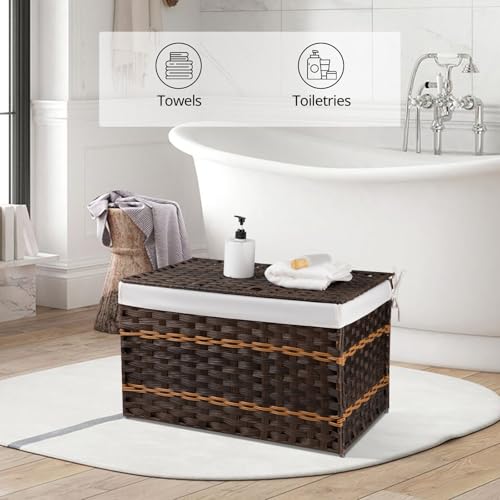 OIAHOMY Storage Basket with Lid, 27.7 Gallon (105L) Blanket Basket with Removable Liner Bag, Synthetic Wicker Hamper with Handle, Hamper for Living Room, Brown - color: Brown, size: 105L