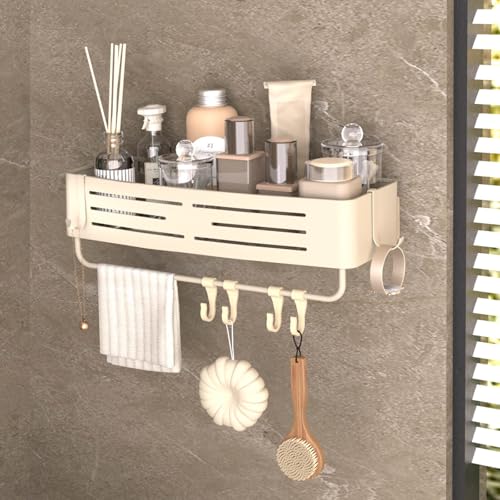 Onemake Aluminum Shower Caddy Suction Cup, No Drilling Bathroom Shower Shelf, Corner Shower Caddy with 6 Portable Hooks, Removable Bath Organizer with Towel Bar for Bathroom Storage(Cream White) - style: 1 Tier-Ivory White Square Caddy