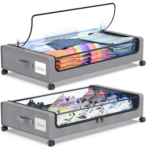 Beborxue Under Bed Storage with Wheels, 2-Pack Under the Bed Storage Containers with Lids, XXL 60L Under Bed Shoe Storage Organizer Bins, Rolling Underbed Storage for Clothes, Shoes, Blankets (Gray) - color: 2 Pack-Gray
