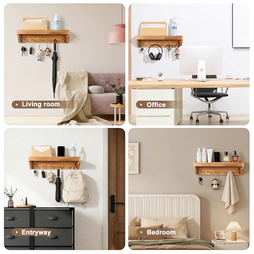 Key Holder for Wall with Mail Organizer - 12.8 Inch Wall Mounted Key Rack with 6 Key Hooks & Floating Shelf, Wooden Key Hanger for Entryway, Hallway, Kitchen, Farmhouse Home Decor (Brown)