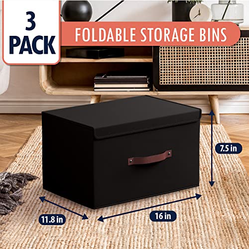 Ornavo Home 3 Pack Collapsible Storage Bins with Lid, Foldable Linen Fabric Shelf Storage Basket Closet Organizer and Large Storage Box for Clothes with Leather Handles, 16.5 x 11.8 x 7.5, Black - color: Black, size: XLarge - 3 Pack