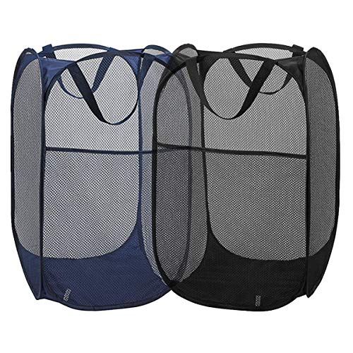 2 Packs Mesh Pop up Laundry Hamper (Black/Navy Blue) with Portable Durable Handles, Collapsible for Storage, Folding Pop-Up Clothes Hampers for Apartment, Home, College Dorm or Travel - color: Black + Blue