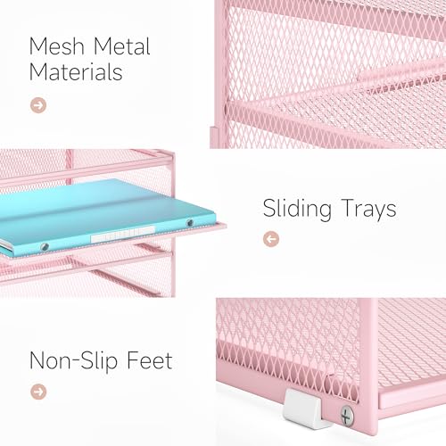 Lavatino 3-Tier Letter Tray Desk Paper Organizer – Pink Mesh Metal File Tray Organizer for Desk, Office Supplies & Home Organization | Fits A4/Letter Paper, Mail, Magazines and Office Accessories - color: 4-tier No Handle - Pink