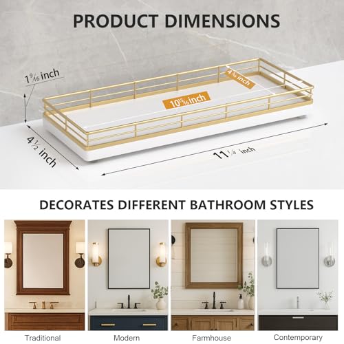 Bathroom Tray for Counter Top Organizer – Oak Wood Vanity Tray with Metal Frame for Dresser, Kitchen, Nightstand – Gold & White Decorative Storage - color: Gold & White, size: 11" x 4.5" x 1.5"