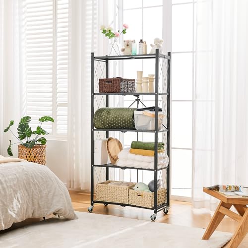 BRIAN & DANY 5-Tier Foldable Storage Shelves with Wheels, Folding Metal Rack Shelving Unit, Heavy Duty No Assembly Organizer Shelf for Garage, Kitchen, Basement, Pantry, Black - color: Black, size: 5-tier