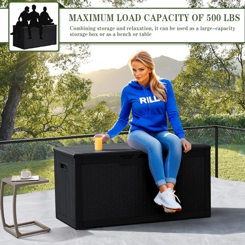 Greesum 100 Gallon Resin Deck Box Large Outdoor Storage, Imitation Rattan Weave Texture for Patio Furniture, Garden Tools, Pool Supplies, Weatherproof and UV Resistant, Lockable, Dark Black - color: Dark Black, size: 100 Gallon