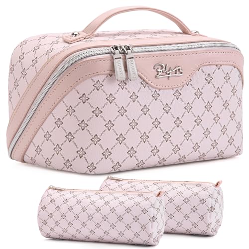 BOYATU Travel Makeup Bag Cosmetic Bags for Women: 3 Pcs Set Large Capacity Make up Bag with Handle - Vegan Leather Toiletry Bags with Compartments - Makeup Organizer for Travel Essentials(A-3-Pink) - color: A-3-Pink
