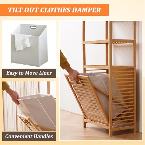 Baveke Bamboo Laundry Hamper with 3 Tier Shelves & Tilt Out Basket, Laundry Baskets Organizer Hampers Bathroom Storage Shelf for Laundry Room, Bathroom, Guest Room（3-Tier, Large） - color: Natural, size: YSJ01-3-50