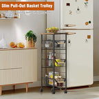 4-Tier Slim Rolling Cart with Pull-Out Baskets & Wooden Top Narrow Mobile Storage Organizer, Multipurpose Utility Cart with Handle for Small Spaces, Kitchen, Bathroom, Laundry Room, Office, Brown