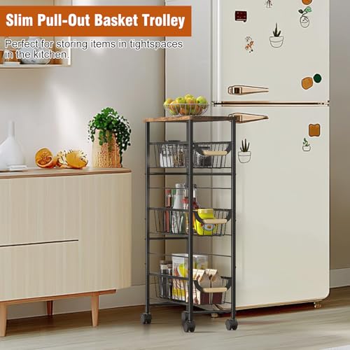 4-Tier Slim Rolling Cart with Pull-Out Baskets & Wooden Top Narrow Mobile Storage Organizer, Multipurpose Utility Cart with Handle for Small Spaces, Kitchen, Bathroom, Laundry Room, Office, Brown