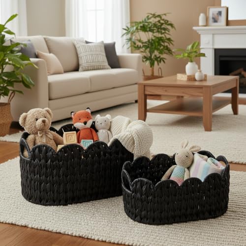Coeusy Wicker Scalloped Basket Set of 2,Woven Storage Baskets for Shelves,Closet,Laundry,Gift,Towels,Books,Toys,Waterproof Decor Basket for Organizing,Black Oval - color: Black