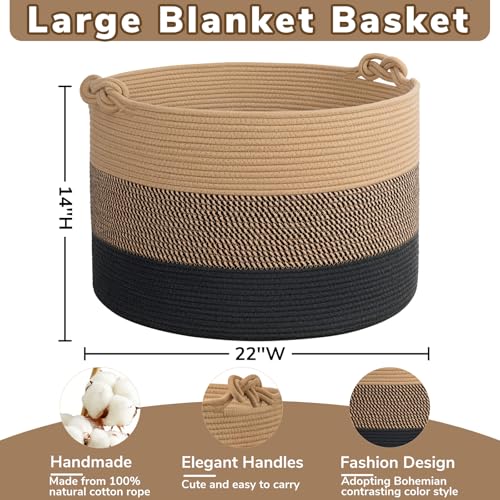 CherryNow 22"x22"x14" Large Blanket Basket, Home Décor for Living Room Bedroom, Decorative Wicker Woven Basket for Clothes, Toy Storage Basket for Kids, Camel Mix & Black - color: Camel Mix & Black, size: 83L (22"W x 14"H)