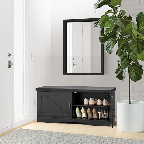 HOMSHO 2-Tier Storage Bench, 39.4" Wide Shoe Bench with Padded Seat Cushion, Entryway Bench with 2 Barn Doors and Adjustable Shelf, Black - color: Black, size: 39.4" Wide