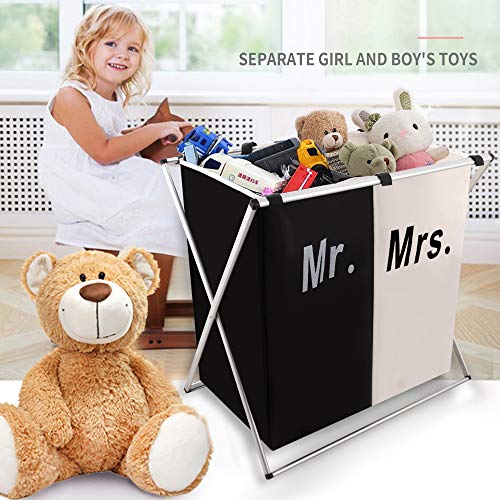 Nicesail Laundry Hamper 2 Section for Husband&Wife Parents or Couple, Clothes Basket Laundry Wedding Gift, Washing Storage Basket with Handle, Waterproof Bag Foldable Aluminum Frame Bathroom Bedroom - size: M 2 sections