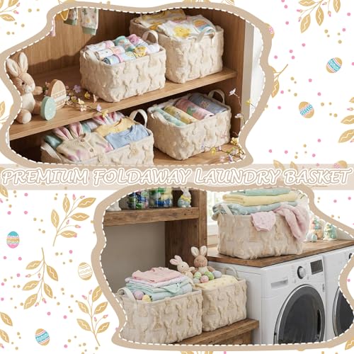 Kathfly Beige Rabbit Storage Baskets Easter Bunny Laundry Basket Plush Faux Fur Jacquard Design with Handles Waterproof Storage Bins Fabric Shelf Baskets for Easter Party Decorations - style: Beige Rabbit