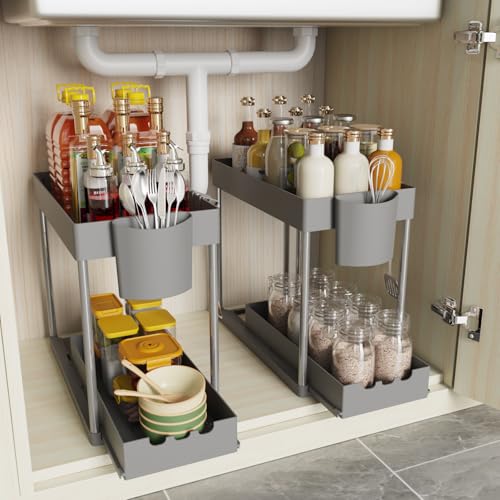 2 Pack Under Sink Organizers and Storage, 2-Tier Sliding Cabinet Organizer Drawer for Bathroom and Kitchen – Multi-Purpose Cabinet Organizer with Easy Pull-Out Design (Grey) - color: Grey, size: 2 Pack