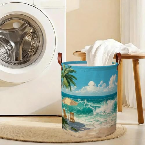Beach Scenes Laundry Hamper, Collapsible Oxford Cloth Laundry Basket Cool Design Beach Theme for Boys Room, Colorful Small Space Hamper Summer Decor (15.75x15.75x19.7in) - color: Colorful601