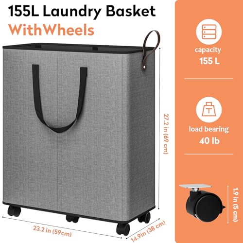 SpaceTrove Laundry Basket with Wheels, Collapsible Laundry Baskets, Laundry Hamper with Handles Detachable Wheels, Rolling Laundry Basket, Dirty Clothes Hamper for Bathroom, Dorm, Bedroom, Grey, 155L - color: Grey, size: 155L