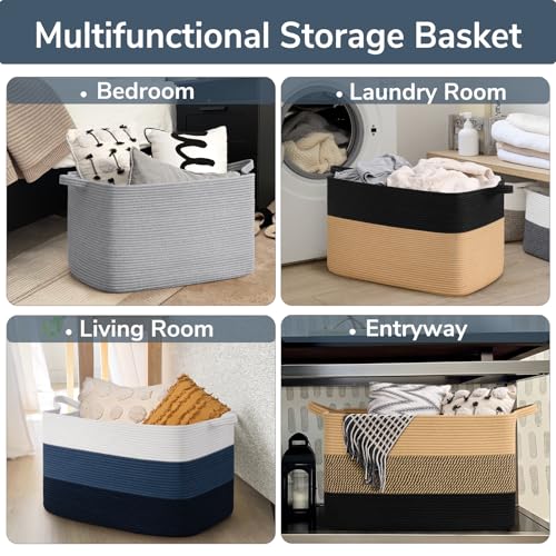Goodpick 85L Large Blanket Basket 23.6" x 15.7" x 13.8" Cotton Rope Storage Baskets for Organizing, Rectangle Woven Baskets for Storage, Baby Toy Basket for Nursery Bedroom, Blue - color: Light Blue, size: X-Large(23.6"L x 15.7"W x 13.8"H)