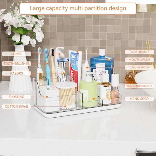 Yieach Mens Bathroom Organizer Countertop,Bathroom Sink Caddy Countertop Storage,White 7 Slot Vanity Bathroom Toiletry Organizers and Toothbrush Holders for Toothpaste,Electric Tooth Brush Organizer - color: White+clear