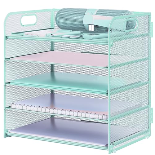 Letter Tray Paper Organizer 5-Tier Desk Organizer File Organizer Paper Holder with Handle, Metal Desktop Document Shelf Tray Office Classroom Organization - Blue - color: Blue