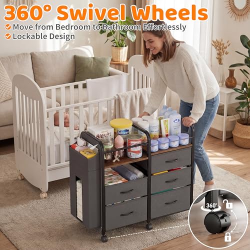Baby Diaper Caddy Organizer Cart - Bedside Cart with Drawers & Side Storage, Nursery Essentials Stuff & Clothes Organization, 3 Tier Rolling Carts with Wheels for Nursery, Bedroom, Easy to Assemble