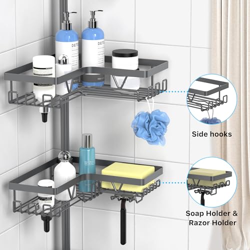 KEGII Corner Shower Caddy Tension Pole - Rustproof Tension Rod Organizer, Floor to Ceiling Shower Caddy 25-114.2 inch, Bathroom Storage Rack Corner Waterproof, Dark Gray - style: Tension Caddy - Dark Gray
