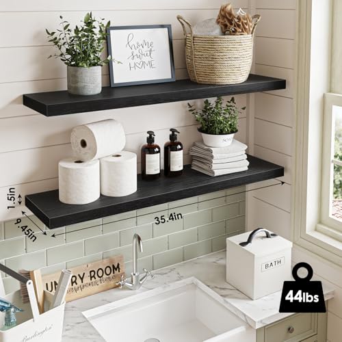 Fixwal Floating Shelves for Wall, 35" Long Heavy Duty Wall Mounted Rustic Wood Shelves for Living Room, Bedroom, Bathroom and Kitchen, Wall Shelves for Storage, Books, Room Decor (Black, Set of 2) - color: Black, size: 35in