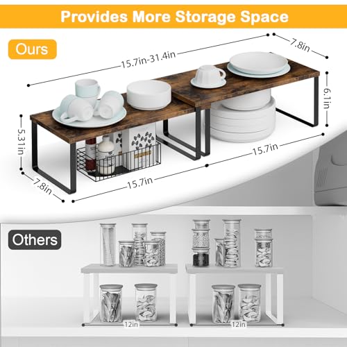 OGEMXU Cabinet Shelf Organizers, 15.7 inches Large Kitchen Counter Shelf, Set of 2 Wood Kitchen Pantry Organizer, Storage Shelves for Countertop, Spice Rack, Stackable, Expandable, Metal Black, Brown - color: Black and Brown, size: 2pcs 7.8" D x 15.7" W x