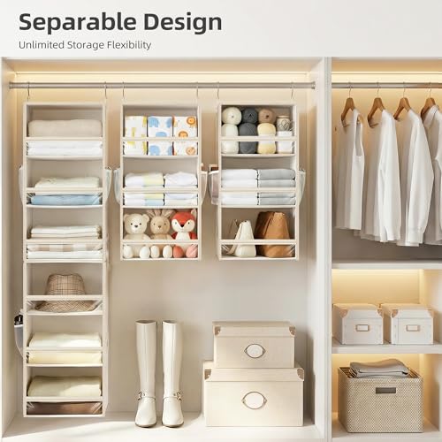 STORAGE MANIAC 6-Shelf Hanging Closet Organizer and Storage, 2 Separable 3-Shelf Haning Organizers for Closet, Collapsible Hanging Shelves Wardrobe Organization, College Dorm Room, Nursery, Beige - color: Beige