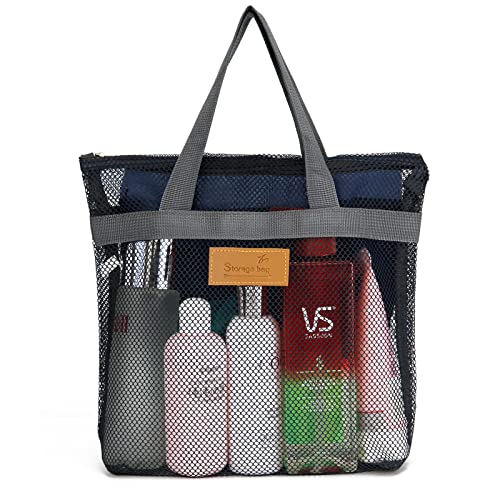 TOPASION Mesh Shower Caddy Bag Portable Hanging Toiletry and Bath Organizer with Zipper for Travel, Gym, Camping, College Dorms, Beach - color: Navy Blue