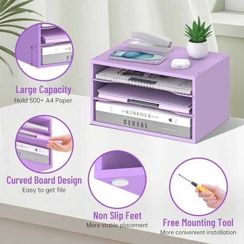 Wood Desk Organizer, 3 Tier Paper Tray Organizer for Desk with Adjustable Storage Shelves, Desktop File Organization Paper Sorter Mail Holder for Office Home Classroom, Purple - color: Purple, size: 3 Tier