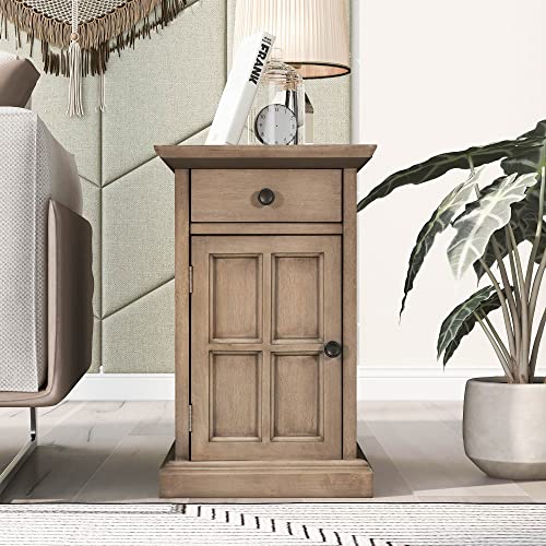 Multifunctional Classic Vintage End Table with USB Ports and 1 Drawer with Cup Holders, Sofa Side Table Bedside Nightstand Narrow Table for Living Room Bedroom (Antique Brown) - color: Antique Brown