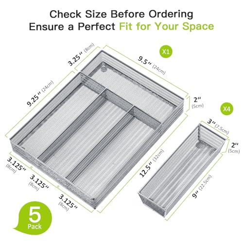 Neudeco Drawer Organizer Set 5 Pack - 4-Compartment Silverware Organizer Tray + 4 Utensil Trays, Kitchen Drawer Organizer for Flatware, Cutlery, Office Supplies, Silver Mesh, Non-Slip,Silver - color: Silver-5 pack