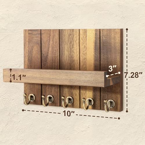 Rebee Vision Acacia Wood Key Holder Wall Mount – Farmhouse Key Holder for Wall & Mail Organizer with Shelf for Home Decor – Ideal for Apartment Essentials (Acacia Wood, 3.54" x 10" x 7.28") - color: Acacia Wood, size: 10 Inch
