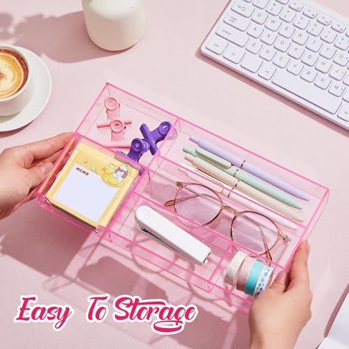 Briwooody Translucent Pink Acrylic Desk Drawer Organizer 11 x 6.1 x 1.38 Inch Storage Tray Organizer for Pens, Stationery, Desktop, Office, Bathroom, Kitchen, Makeup Supplies (6 Compartments) - color: Translucent Pink, size: 11 x 6.1 x 1.38 Inch, style: 6