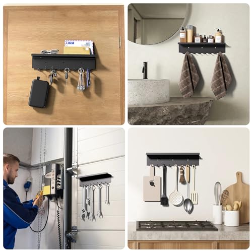 Volnamal Key Holder Wall Mount, Magnetic Key Hooks and Mail Organizer Tray with 8 Hooks, Adhesive Key Rack Hanger for Entryway, Refrigerator, Black