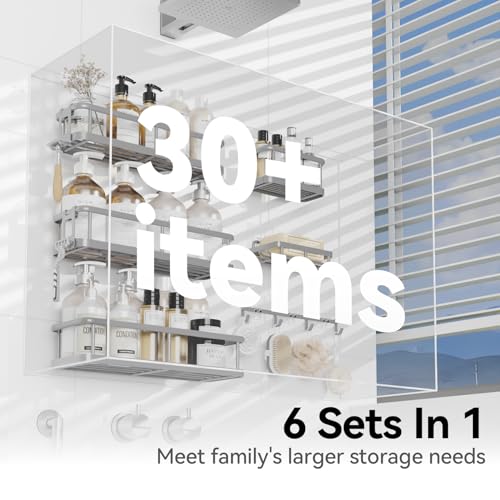 YASONIC Shower Caddy, 6 Pack Large Capacity shower Organizer with Soap Holder and 12 Hooks, Rustproof Shower Shelves for Inside Shower, No Drilling&Sleek Bathroom Organizers and Storage Grey - color: Grey, size: XL