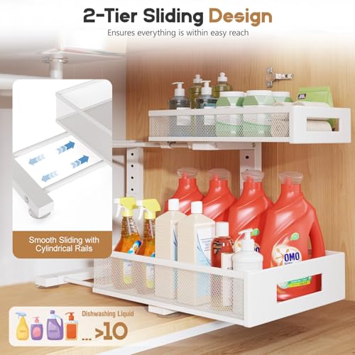 2-Pack Under Sink Storage Organizer, Large 2-Tier Elegant Mesh Pull Out Shelf for Kitchen and Bathroom Cabinet Organization, L-Shaped and Adjustable Height Design for Maximum Space Efficiency-White - color: White, size: 2 Pack-15.74"Dx11.4"-16.14"H