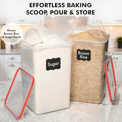 WHITE FEATHER SUPPLIES 2 PC [6.5L / 220 Oz] Large Flour Sugar Storage Containers - Leak Proof, BPA Free, Clear Plastic Food Storage Containers with Lids Airtight - Bulk Storage for Kitchen and Pantry - color: Red - 2 Pack