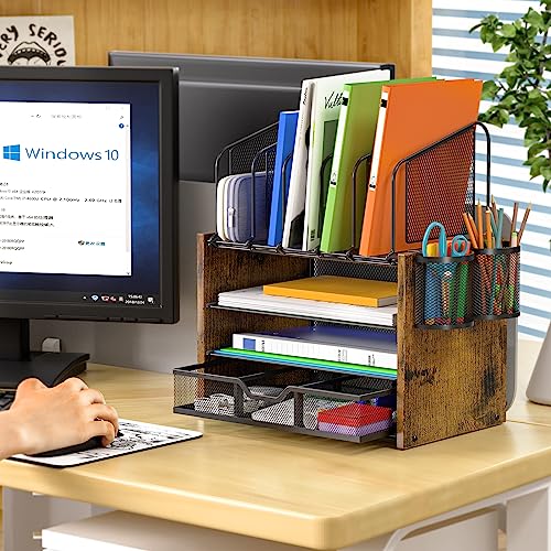 DAOUTIME 4-Tier Mesh Desk Organizer, Wooden Desk File Organizer with 5 Vertical File Holders and 2 Pen Holders, Desktop Organizers and Accessories with Drawer for Home Office - size: With Drawer
