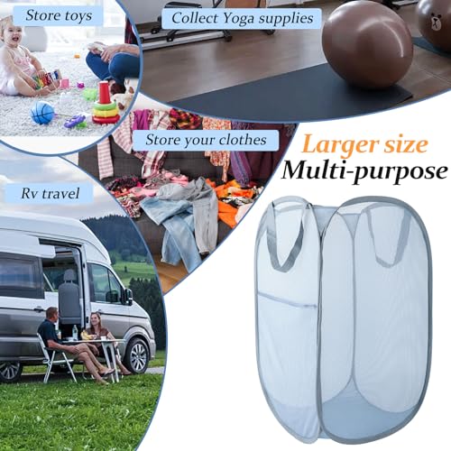 Upgraded 100L Extra Large Collapsible Laundry Hampers. Pop Up Laundry Basket Mesh with Pocket, Fold Compact, Large Hold Portable Travel Laundry Bag for Dorm Storage Bin, Grey. V - color: Grey, size: Single XL Vertical
